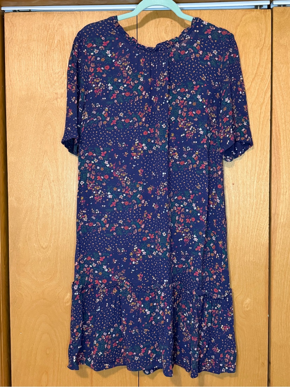 FatFace Navy Floral Ruffle Neck Dress